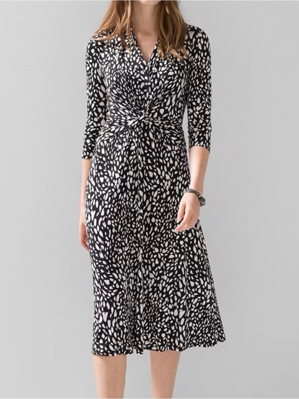 WHBM Twist Front Midi Dress – NWT – Size 14 – Dappled Black Print